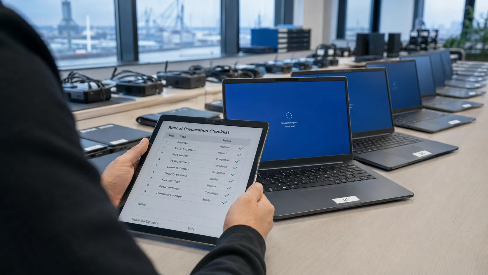 IT-Techniker prüft auf einem Tablet die Rollout-Checkliste vor einer Reihe vorbereiteter Notebooks